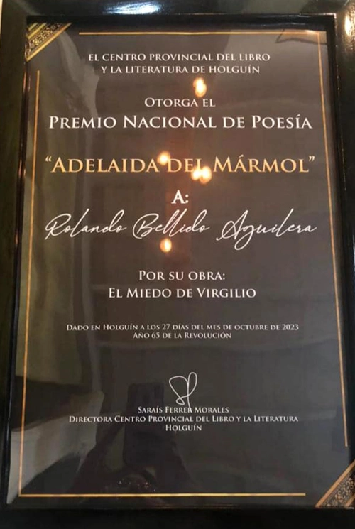 Certificado,Premio Nacional de Poesía Adelaida del Mármol 2023, Holguín, Cuba