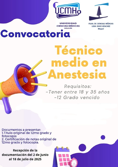 Convocatoria, formación de ténico medio en Anestesia, Holguín