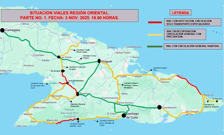 Mapa, viales del Oriente de Cuba